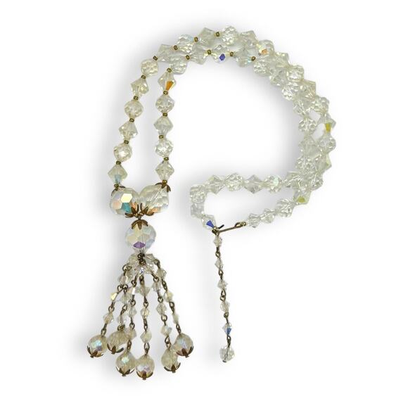 Aurora Borealis Glass Crystal Bead Necklace Long Necklace Tassel Gold Tone 50s - Picture 6 of 16